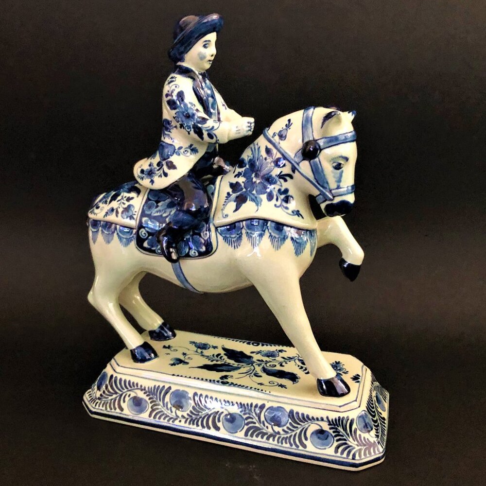 RARE! 1941 Large PZH Delft Blue Horse Rider Figurine Stallion Statuette Charger